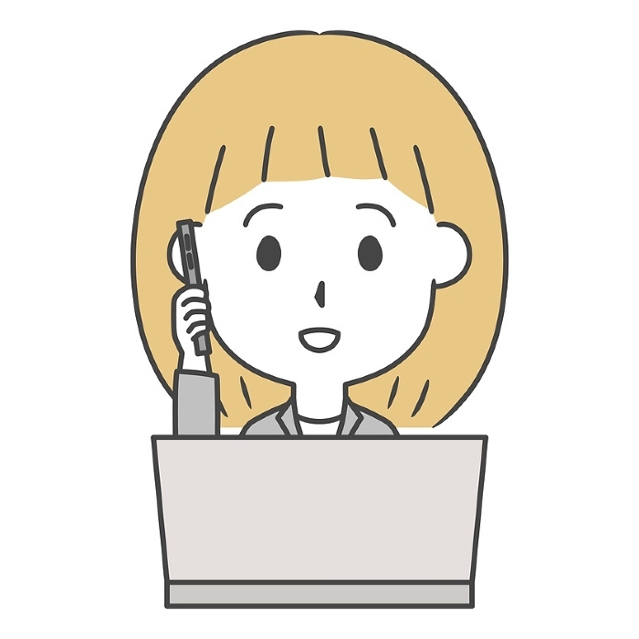 Clip art of woman in suit making a phone call in front of computer
