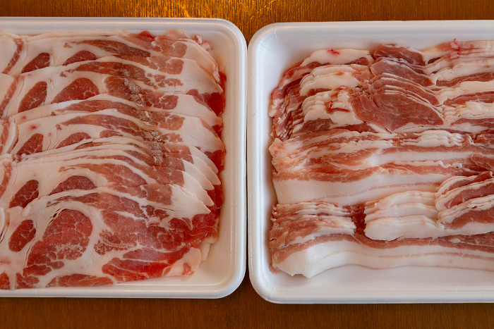 Sliced black pork Pork belly and pork shoulder for shabu-shabu side by side