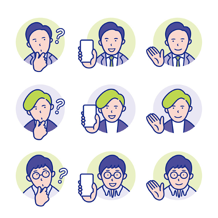 Male round icon with questioning head, holding phone, indicating this way and that with hand [set].