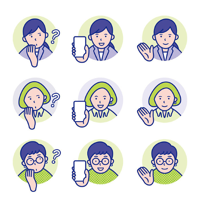 Round icon of a woman with a questioning head, holding a phone, indicating this way and that with her hand [set].