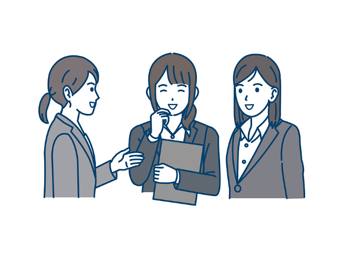 Illustration of women company employees meeting and discussing with each other.