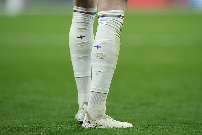 England v Brazil   International Friendly Cross on England players socks during the international friendly match between England and Brazil at Wembley Stadium on March 23, 2024 in London, England.   WARNING  This Photograph May Only Be Used For Newspaper And Or Magazine Editorial Purposes. May Not Be Used For Publications Involving 1 player, 1 Club Or 1 Competition Without Written Authorisation From Football DataCo Ltd. For Any Queries, Please Contact Football DataCo Ltd on  44  0  207 864 9121