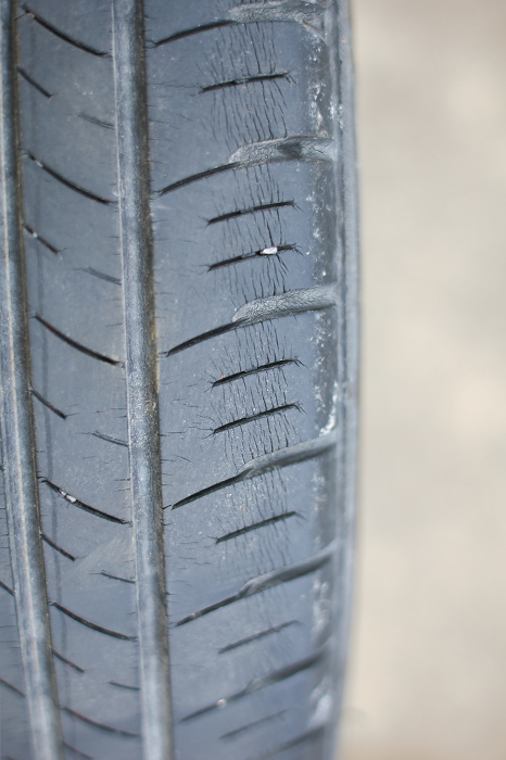 Dangerous tires that have deteriorated and cracked and are recommended for replacement