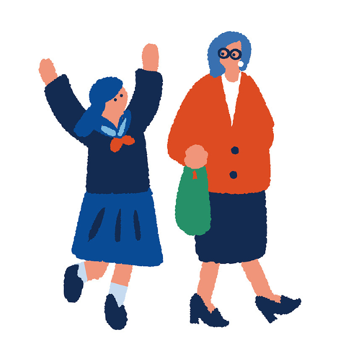 Simple, flat illustration of a middle and high school student in uniform and his mother.