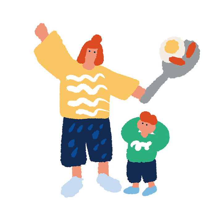 Simple and flat illustration of a parent and child cooking.