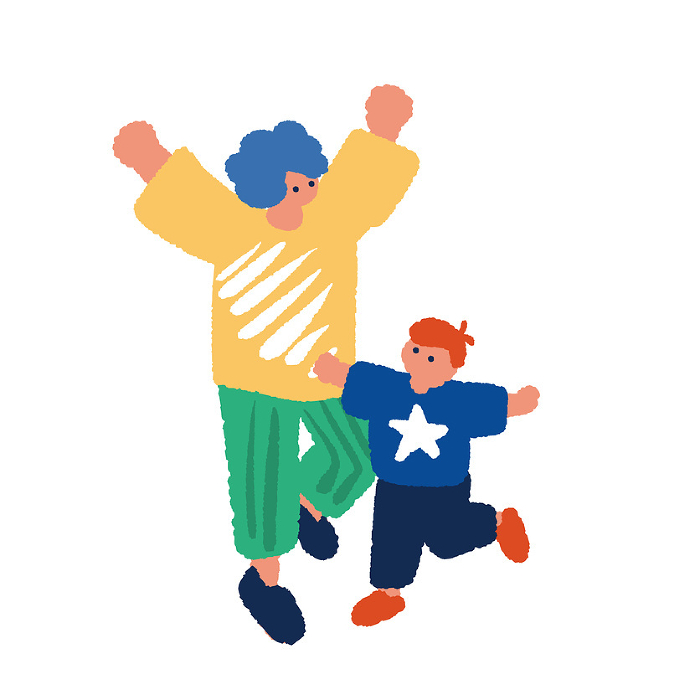 Simple, flat illustration of a parent and child raising their hands in joy.