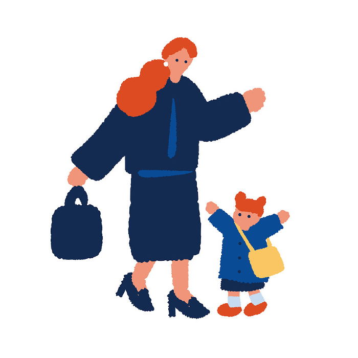 Simple, flat illustration of a kindergartener and her mother.