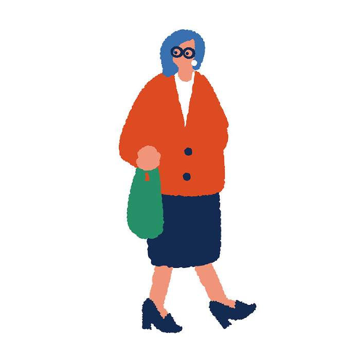Simple, flat illustration of a walking businesswoman.