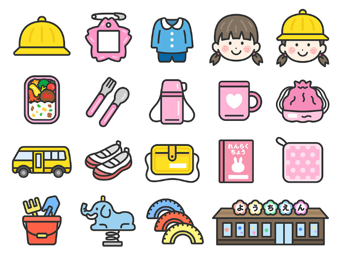 Illustration set of icons of kindergarten and nursery school (girl ver./line drawing color)