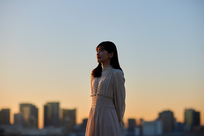 Sunset silhouette of Japanese woman