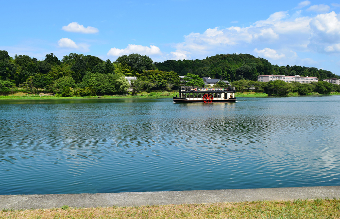 Seta River and cruise ship in Shiga Prefecture, Shiga Prefecture, Japan, and Otsu City, Shiga Prefecture, Japan