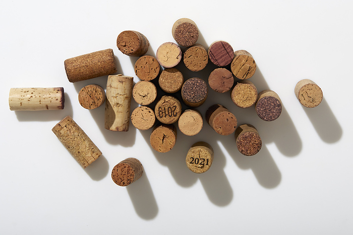 Overhead view of various wine corks