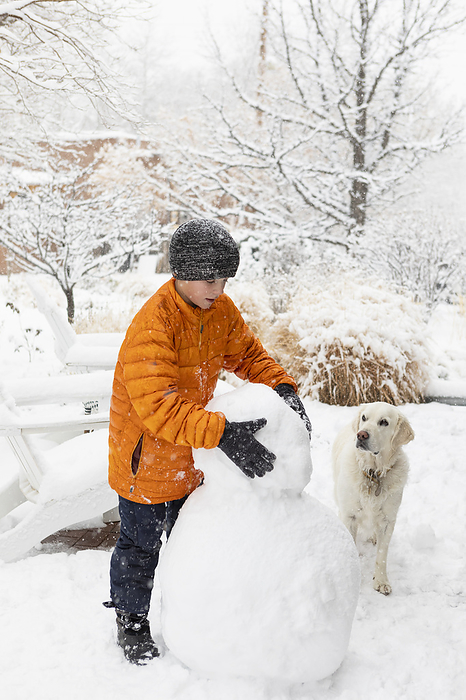 10 year old boy building snowman Boy with his dog building snowman