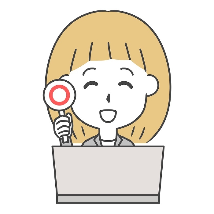 Illustration of a woman in a suit in front of a computer with a maru tag.