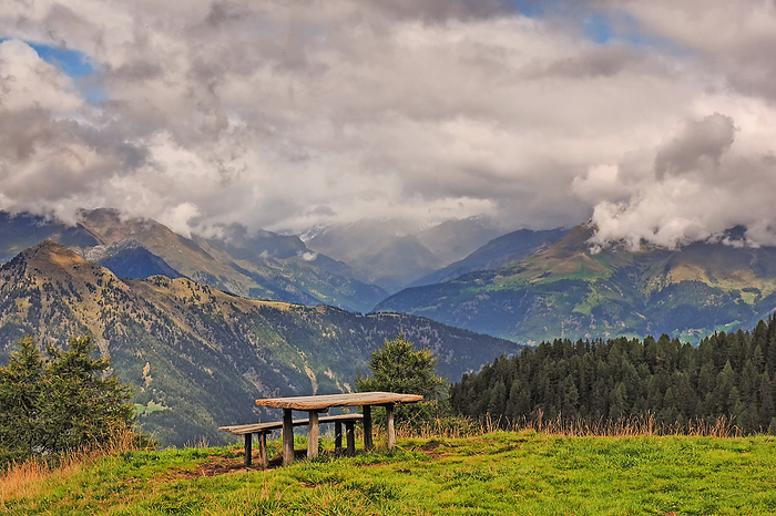 Landscape of mountain range Sarntal Alps with picnic site in the foreground, South Tyrol Landscape of mountain range Sarntal Alps with picnic site in the foreground, South Tyrol, by Zoonar Katrin May