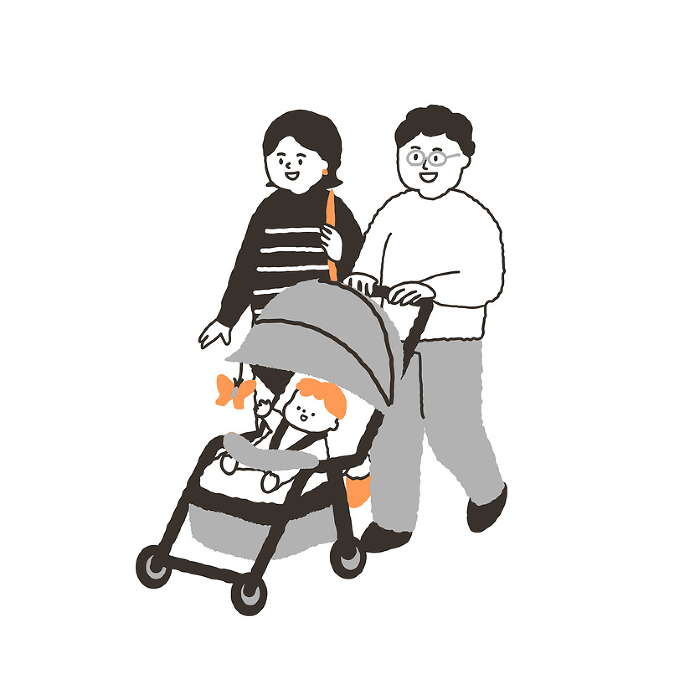 Parents and children with babies strolling with strollers