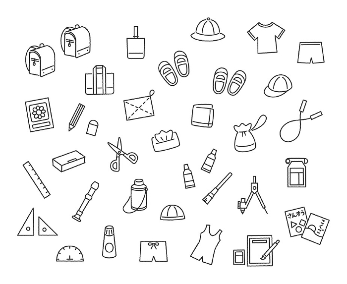 Line drawing icon set of elementary school students' belongings
