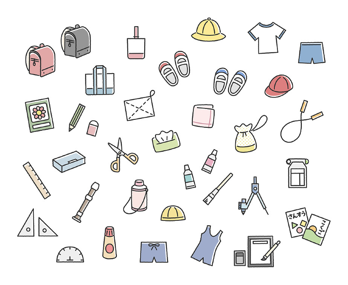 Set of color icons for elementary school students' belongings