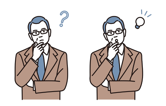 Simple illustration set of a middle-aged businessman with his hand on his chin thinking