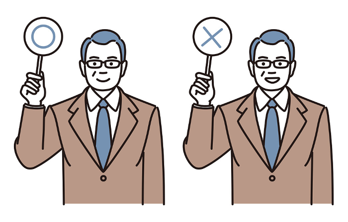 Simple illustration set of a middle-aged businessman holding up a 