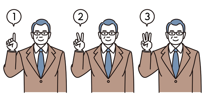 Simple illustration set of a middle-aged businessman holding up one, two, or three fingers