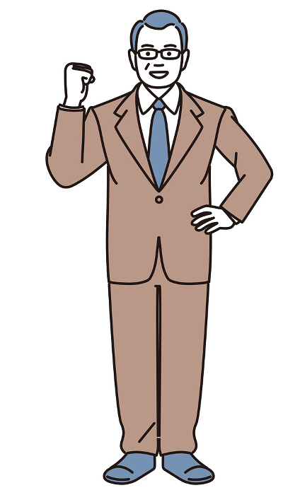 Simple full-body illustration of a middle-aged businessman posing with guts.