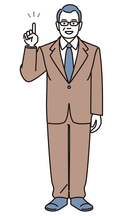 Simple full-body illustration of a middle-aged businessman giving an explanation.