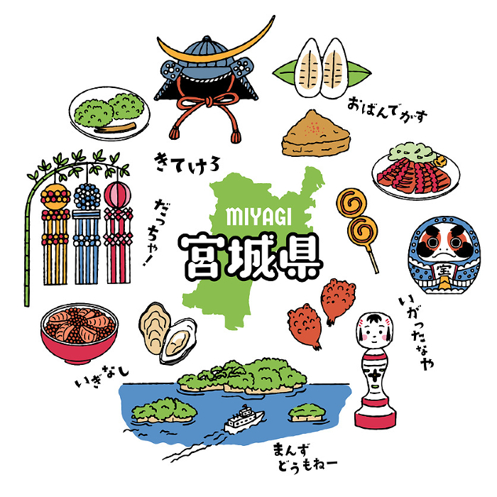 Simple and cute illustration set about Miyagi Prefecture (colorful)