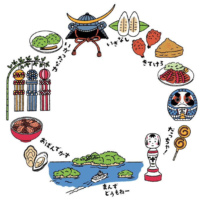 Simple, cute and colorful circular frame with illustrations related to Miyagi Prefecture