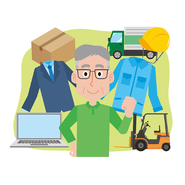 Illustration of an elderly man and his work