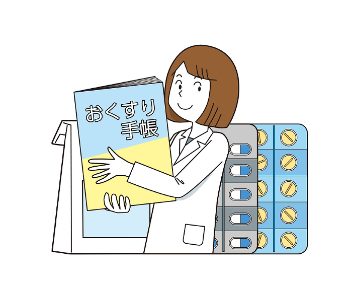 Woman at pharmacy with medication book