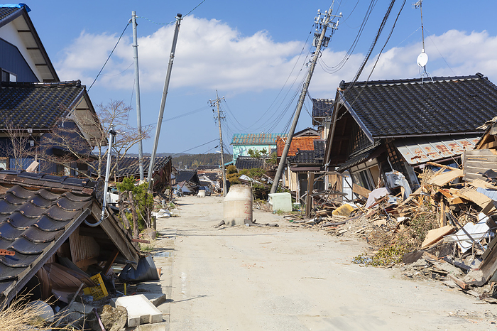 Noto Peninsula Earthquake, Ishikawa Prefecture, Japan Rising manholes and houses collapsed by the earthquake and tsunami