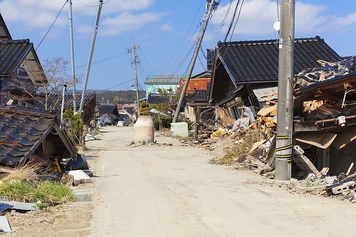 Noto Peninsula Earthquake, Ishikawa Prefecture, Japan Rising manholes and houses collapsed by the earthquake and tsunami