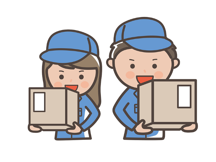 Clip art of male and female worker carrying a cardboard package(deliveryman)