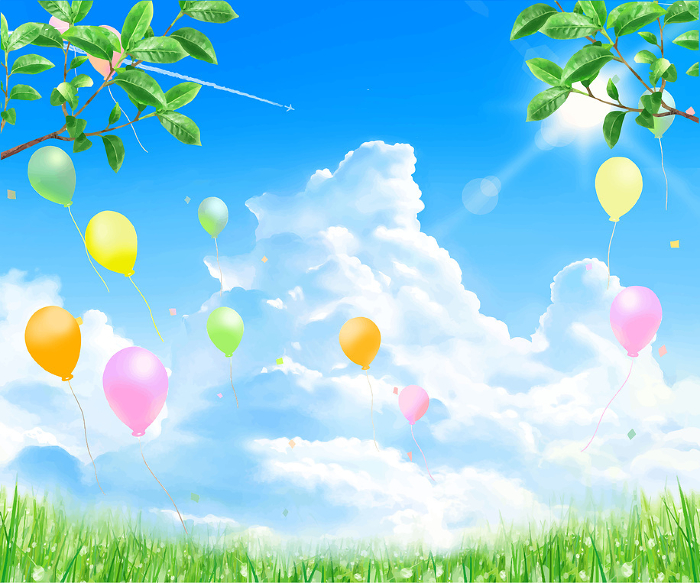 fresh green frame background with balloons soaring in the blue sky with clouds with sunshine.