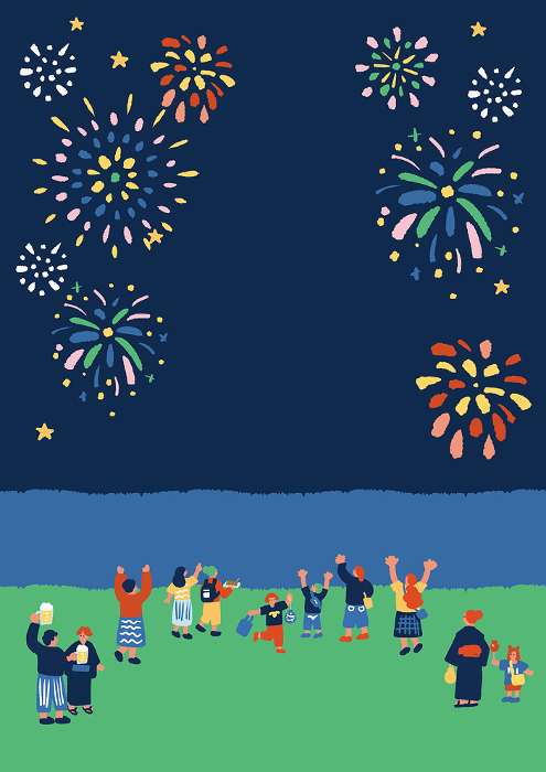 Simple and flat illustration of people watching a fireworks display.