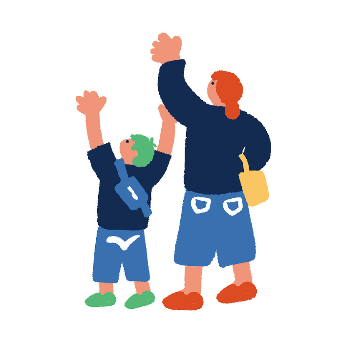 Hand drawn illustration of a parent and child in the back, raising their hands in joy.