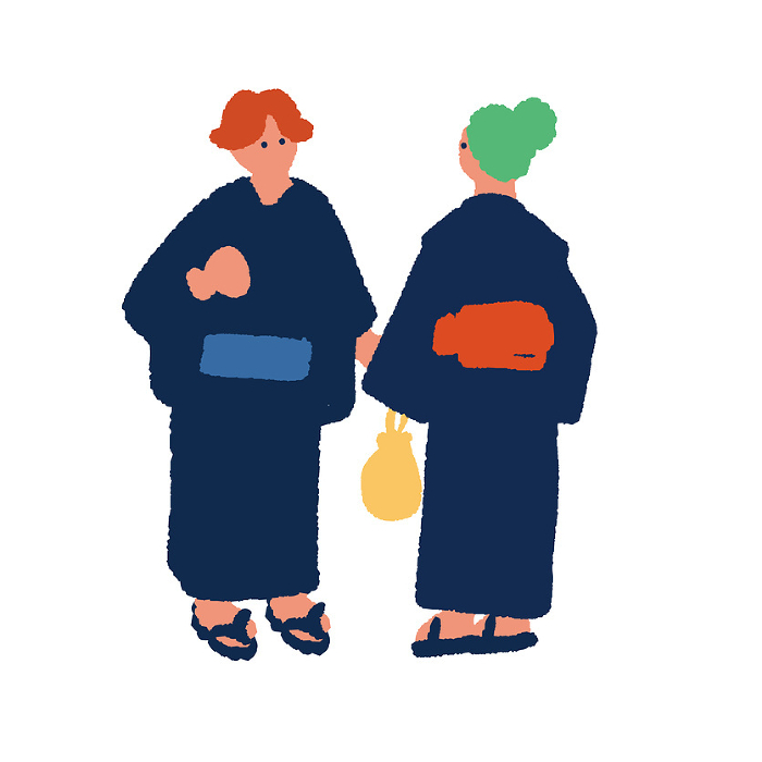 Simple and flat illustration of a man and woman in yukata
