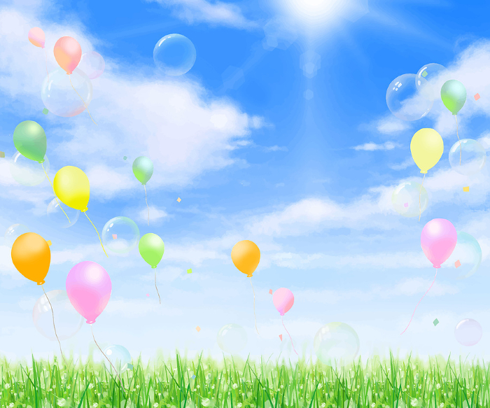 Fresh Green Frame With Balloons Soaring Into Blue Sky With Clouds With Sunlight - Backgrounds Web graphics