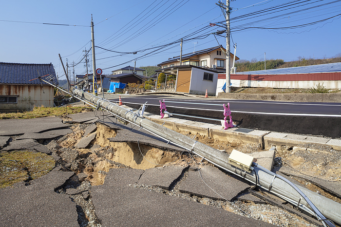 Houses tilted by liquefaction after the Noto Peninsula earthquake, Ishikawa Prefecture