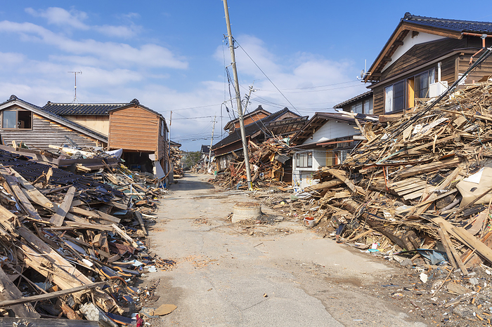 Houses destroyed by earthquake and tsunami, Noto Peninsula, Ishikawa Prefecture