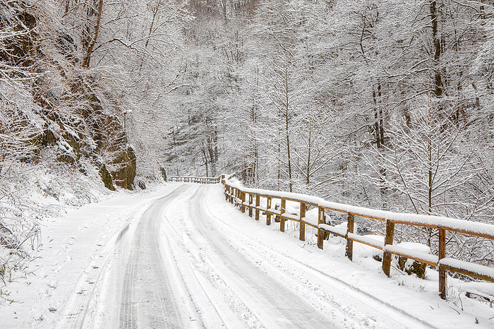 Country road in the Harz mountains narrow and covered with snow Country road in the Harz mountains narrow and covered with snow, by Zoonar dk fotowelt