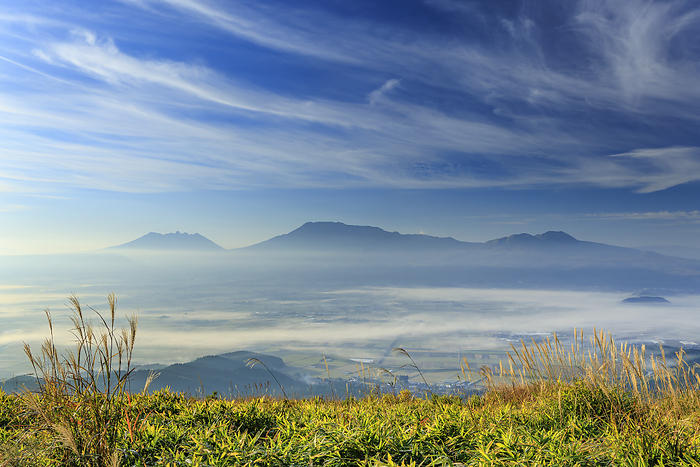 Aso Basin and Mt. Aso in the morning mist, Kumamoto Prefecture