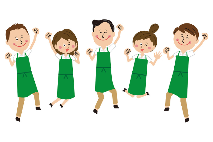 Five men and women in pop green aprons jump
