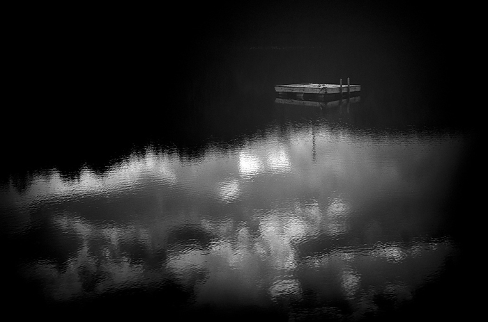 NA Black and white image of a dock floating on a tranquil lake, by Al Petteway   Design Pics