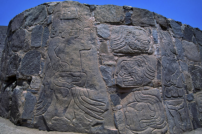 NA Pre Columbian reliefs in stone at the Sechin ruins near Casma dating 1600 B.C. They are well preserved among the Peru s coastal ruins. Three outside walls of the main temple are covered with relief carvings of warriors and of captives being eviscerated.  The gruesomely realistic stone carvings are up to four meters high.  Little is known about the warlike people who are responsible which is one of the site s main points of interest  Casma, Peru, by Melissa Farlow   Design Pics