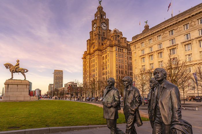 View of Beatles statue and Royal Liver Building, Liverpool City Centre, Liverpool, Merseyside, England, United Kingdom, Europe View of Beatles statue and Royal Liver Building, Liverpool City Centre, Liverpool, Merseyside, England, United Kingdom, Europe, by Frank Fell