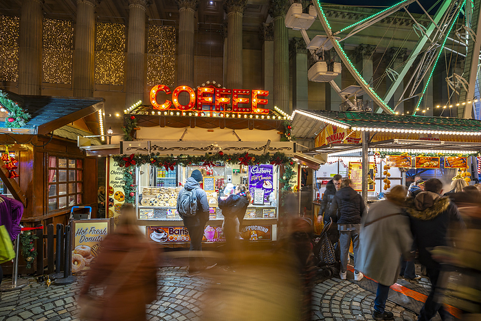 View of Christmas Market and St. Georges Hall, Liverpool City Centre, Liverpool, Merseyside, England, United Kingdom, Europe View of Coffee stall at Christmas Market and St. Georges Hall, Liverpool City Centre, Liverpool, Merseyside, England, United Kingdom, Europe, by Frank Fell