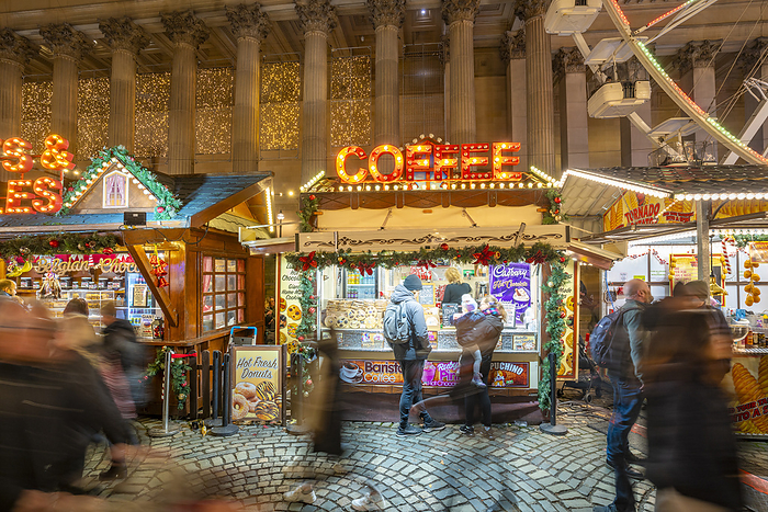 View of Christmas Market and St. Georges Hall, Liverpool City Centre, Liverpool, Merseyside, England, United Kingdom, Europe View of Coffee stall at Christmas Market and St. Georges Hall, Liverpool City Centre, Liverpool, Merseyside, England, United Kingdom, Europe, by Frank Fell