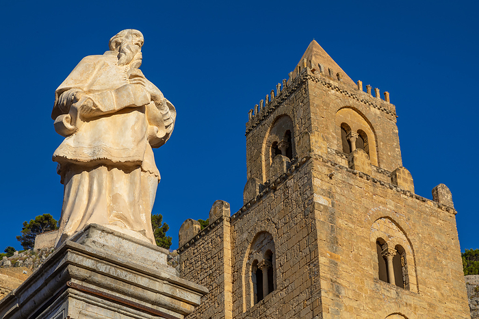Statue of Bishop and tower, Cathedral of Cefalu, Roman Catholic Basilica, Norman architectural style, UNESCO World Hertiage Site, Province of Palermo, Sicily, Italy, Europe Statue of Bishop and tower, Cathedral of Cefalu, Roman Catholic Basilica, Norman architectural style, UNESCO World Hertiage Site, Province of Palermo, Sicily, Italy, Mediterranean, Europe, by John Guidi